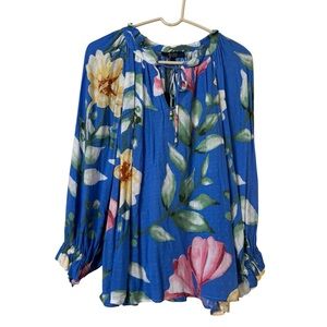 Rachel Roy Floral Blue Puff Sleeve Blouse Top NWT Size L
